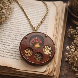 Vintage Wooden Shadow Box Pendant Necklace Real Seed Specimens & Floral Diorama